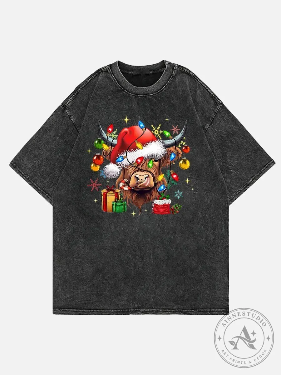 Highland Cow Christmas Lights Washed T-Shirt Festive Holiday Apparel