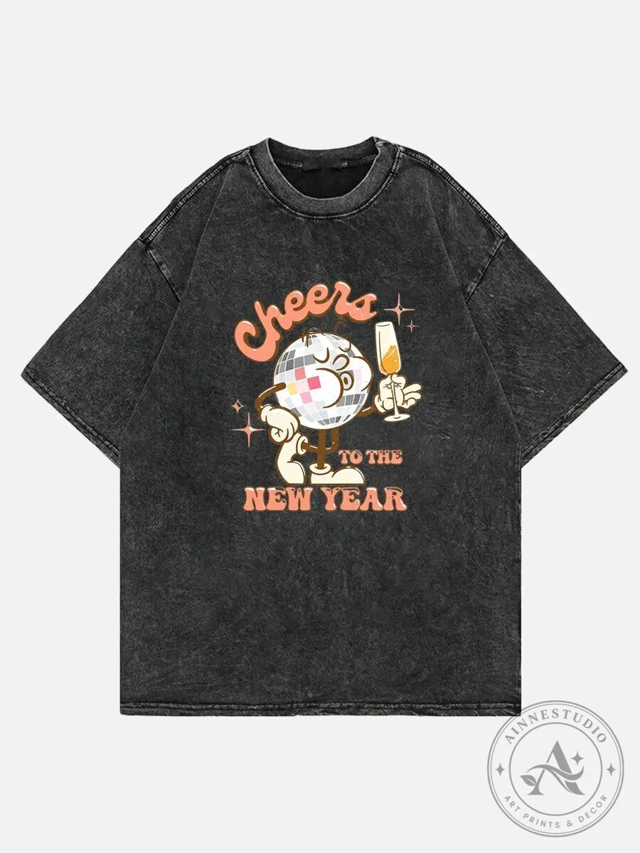 Happy New Year Disco Ball Cheers Washed T-Shirt